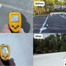 Before and after comparison of a flat roof treated with white EPDM coating, showing reduced surface temperature and improved visual appearance.