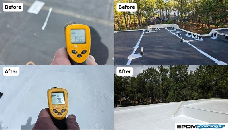 Before and after comparison of a flat roof treated with white EPDM coating, showing reduced surface temperature and improved visual appearance.