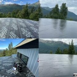 Before and after flat roof sealed with EPDM liquid rubber roof coating for waterproof protection in Alaska.