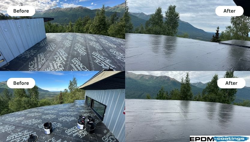 Before and after flat roof sealed with EPDM liquid rubber roof coating for waterproof protection in Alaska.