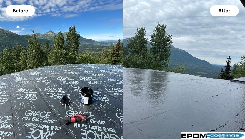 Before and after flat roof coated with EPDM liquid rubber for waterproofing and durability. Before and after flat roof sealed with EPDM liquid rubber roof coating for waterproof protection