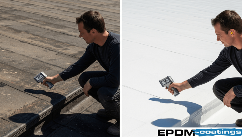 Before and after comparison showing temperature reduction with liquid rubber roof coating.