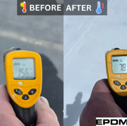 Before and after temperature reduction with Liquid Butyl Rubber roof coating showing temperature drop