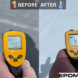 Before and after temperature reduction with Liquid Butyl Rubber roof coating showing temperature drop