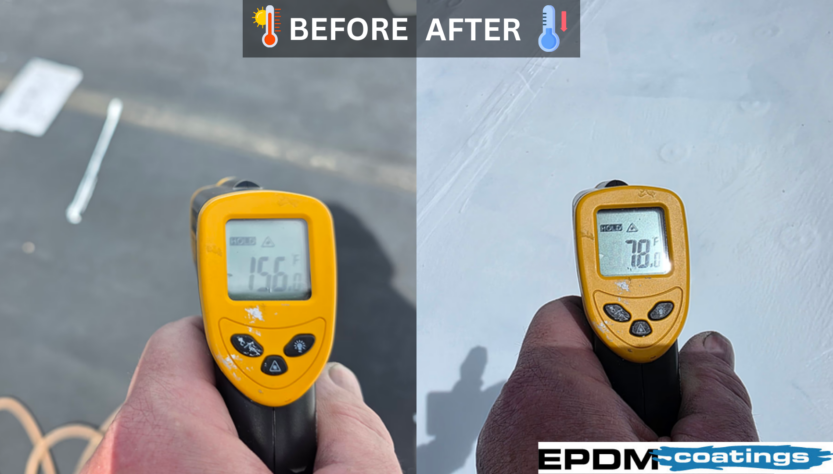 Before and after temperature reduction with Liquid Butyl Rubber roof coating showing temperature drop