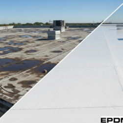 Before and after flat roof with liquid rubber roof coating applied