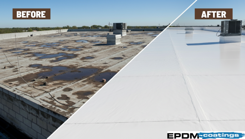 Before and after flat roof with liquid rubber roof coating applied