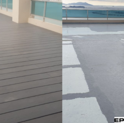 Before and after Liquid Butyl Rubber waterproofing by EPDM Coatings on rooftop deck.