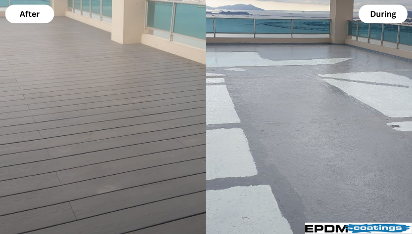 Before and after Liquid Butyl Rubber waterproofing by EPDM Coatings on rooftop deck.