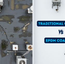 Comparison of traditional coatings vs EPDM coatings on a roof, showcasing the difference in durability and appearance.