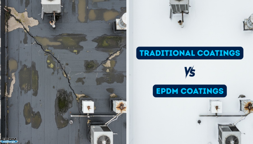 Comparison of traditional coatings vs EPDM coatings on a roof, showcasing the difference in durability and appearance.
