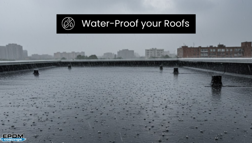 Flat roof during heavy rain ,waterproof roof coating protection by EPDM Coatings