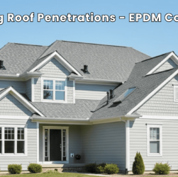 Residential roof sealed with EPDM coating around vents and chimneys