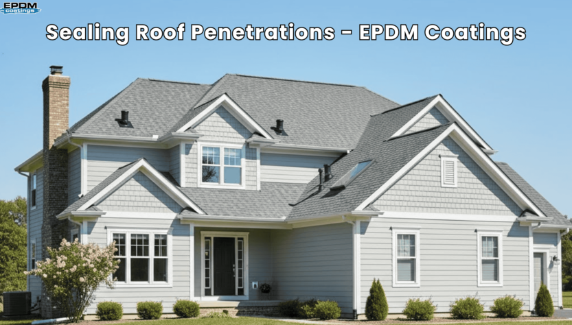 Residential roof sealed with EPDM coating around vents and chimneys