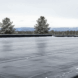 EPDM roof with snow and two cans of Butyl Liquid Rubber for winter protection and sealing.