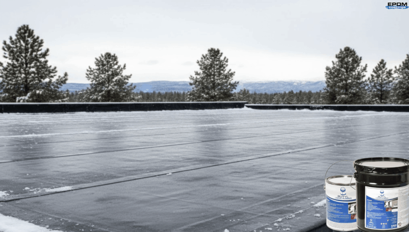 EPDM roof with snow and two cans of Butyl Liquid Rubber for winter protection and sealing.