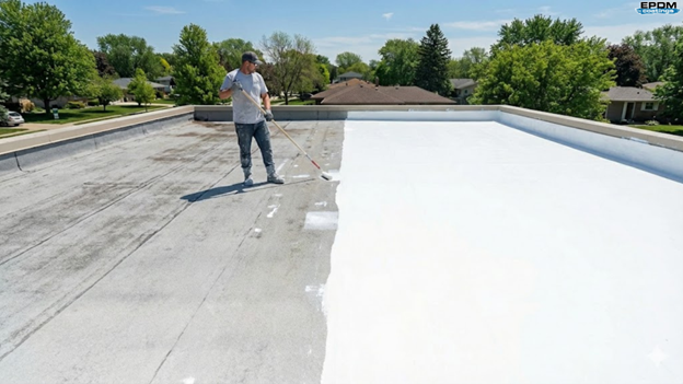 Liquid rubber roof coating applied on flat residential roof