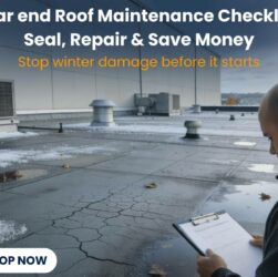 Commercial flat roof inspection using liquid rubber roof coating to seal cracks and prevent winter damage.