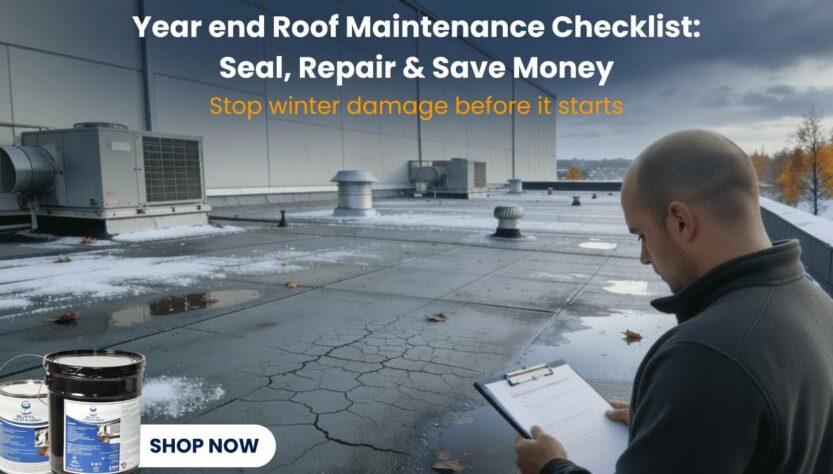 Commercial flat roof inspection using liquid rubber roof coating to seal cracks and prevent winter damage.