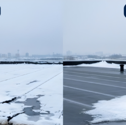 A comparison of liquid rubber and acrylic roof coatings showing durability against ice and snow on a flat roof.