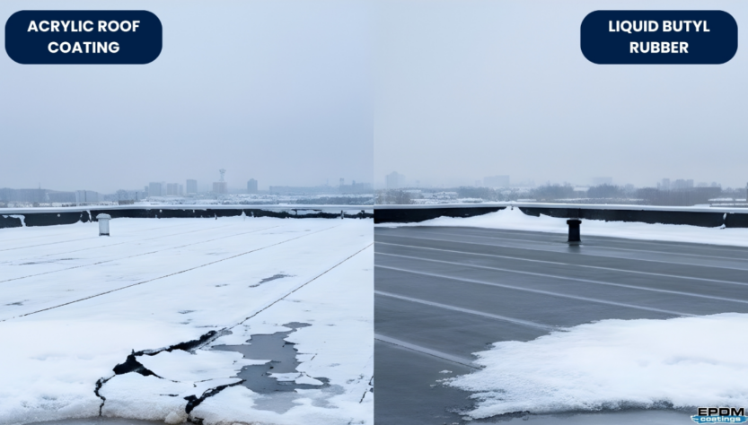 A comparison of liquid rubber and acrylic roof coatings showing durability against ice and snow on a flat roof.
