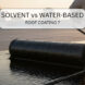 Professional applying a black liquid roof coating with a roller on a flat roof, comparing solvent and water-based options.