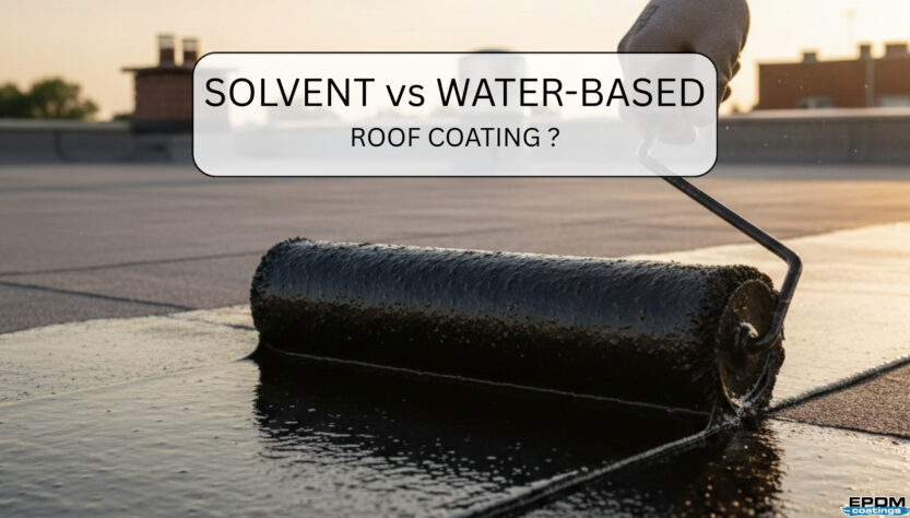 Professional applying a black liquid roof coating with a roller on a flat roof, comparing solvent and water-based options.