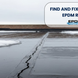 Cracked EPDM roof membrane with melting snow and standing water illustrating common late winter flat roof leaks.