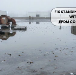 Large puddle of standing water on a flat commercial roof with HVAC units during a foggy winter day.