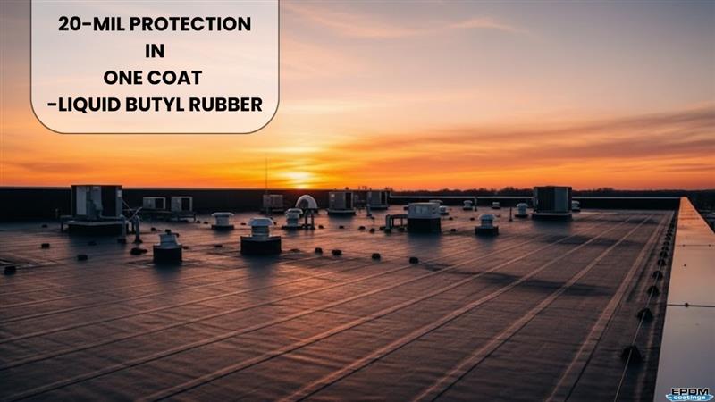 Liquid butyl rubber EPDM roof coating applied on commercial flat roof providing 20-mil waterproof protection in one coat