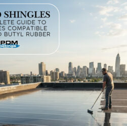 A professional applying Liquid Butyl Rubber coating to a commercial flat roof with a city skyline in the background.