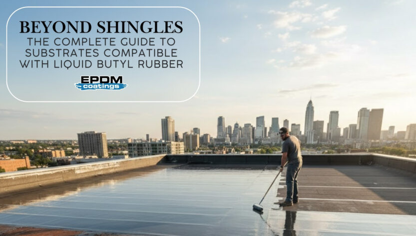 A professional applying Liquid Butyl Rubber coating to a commercial flat roof with a city skyline in the background.