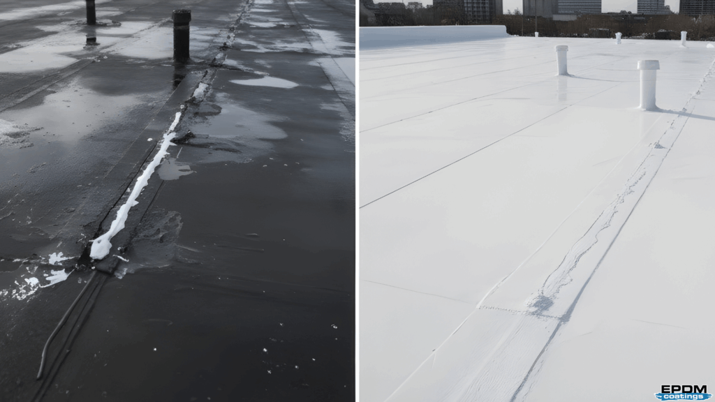 A side-by-side comparison of a weathered, leaking black rubber roof versus a newly restored white EPDM liquid rubber roof coating.