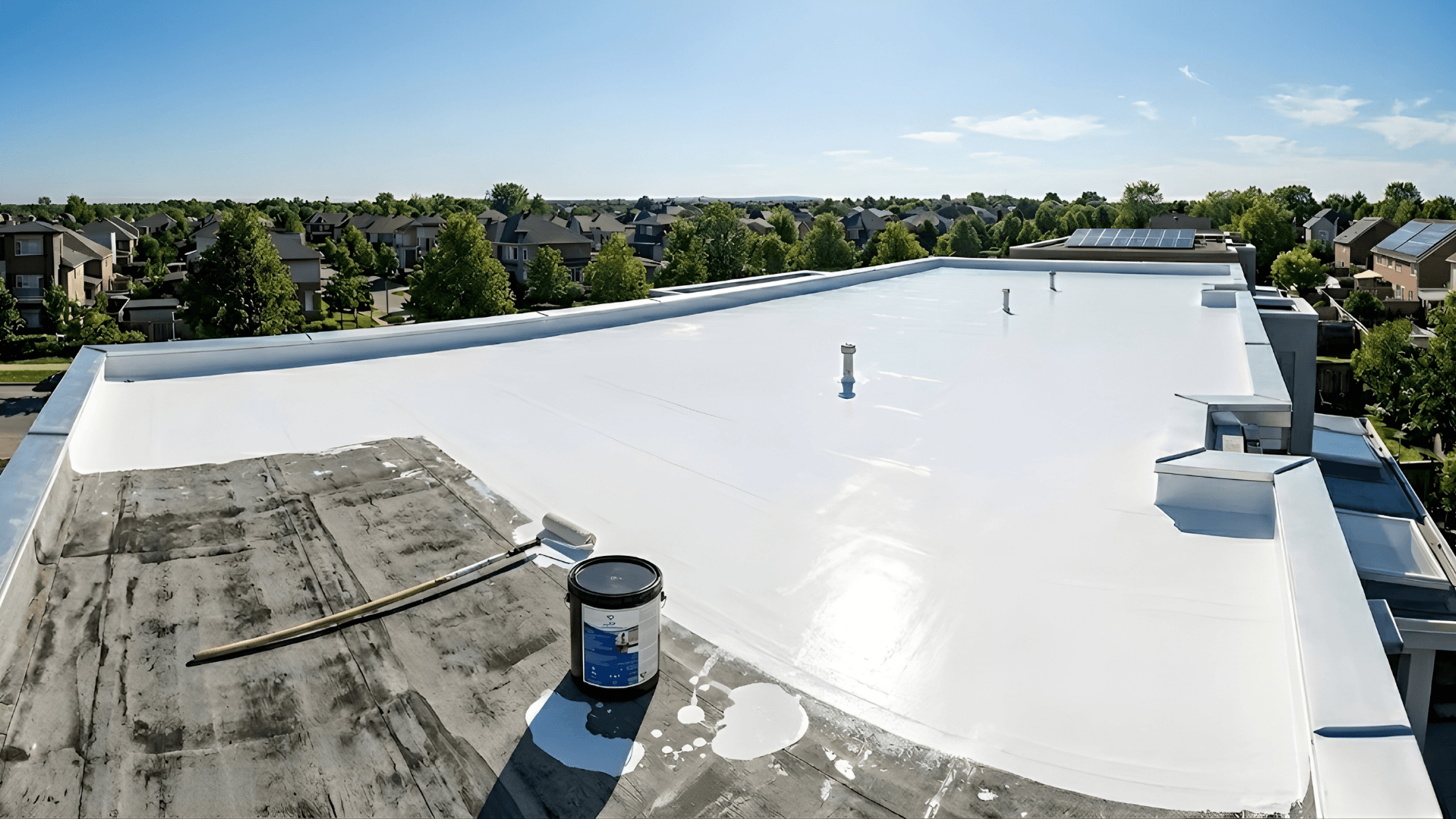 An elevated panoramic photograph showing a residential flat roof transformed with a brilliant white, reflective Liquid Butyl Rubber coating, contrasting with a small section of original weathered black EPDM. An elevated panoramic photograph showing a residential flat roof transformed with a brilliant white, reflective Liquid Butyl Rubber coating, contrasting with a small section of original weathered black EPDM.