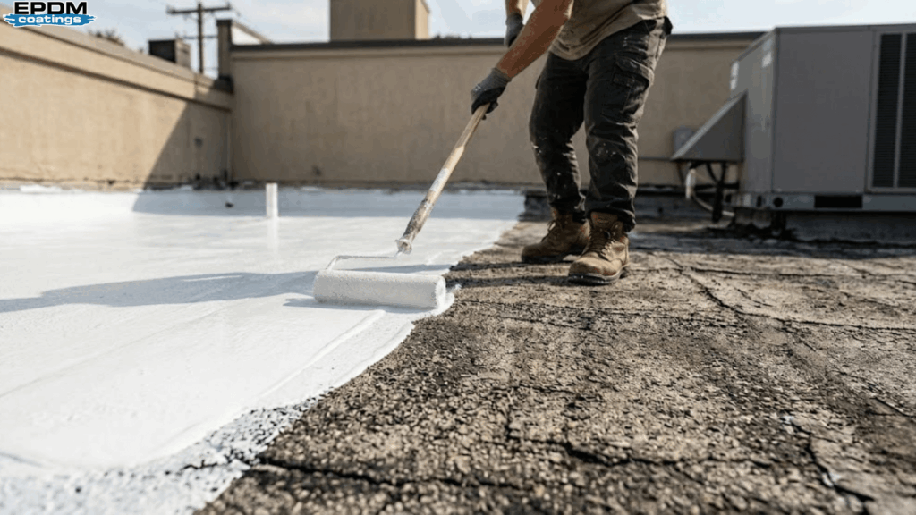 A worker applies a thick, single coat of white liquid rubber roof coating with a roller. In the foreground, hands stretch a sample of cured EPDM rubber to demonstrate its 500% elongation and flexibility.
