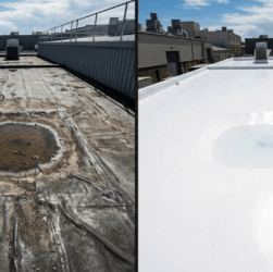 A split-screen comparison showing a flat roof with dangerous ponding water on leaky seams (left) and the same roof restored with seamless, reflective white EPDM liquid rubber handling standing water (right).