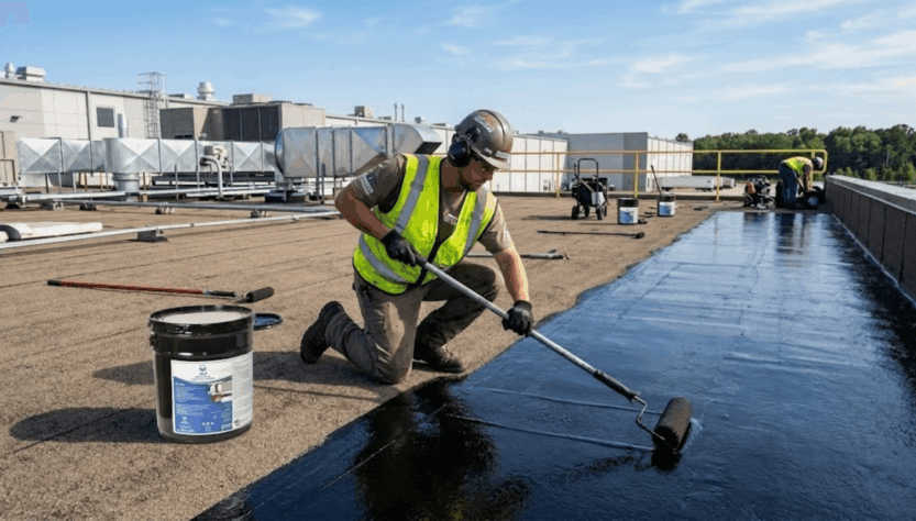 Contractor applying liquid EPDM rubber roof coating on a flat commercial roof for seamless waterproof protection.