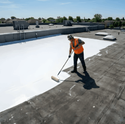A person applying white Liquid Butyl Rubber sealant to a flat EPDM roof using the pour and spread technique with a squeegee and roller.