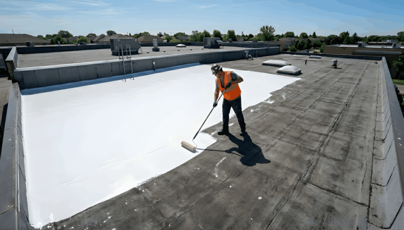 A person applying white Liquid Butyl Rubber sealant to a flat EPDM roof using the pour and spread technique with a squeegee and roller.
