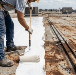 A thick layer of white liquid butyl rubber coating being rolled onto a weathered flat roof to eliminate seams and leaks.