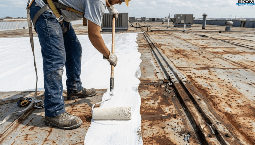 A thick layer of white liquid butyl rubber coating being rolled onto a weathered flat roof to eliminate seams and leaks.