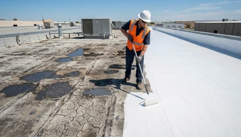 Best EPDM roof leak solutions showing before and after repair with waterproof liquid rubber coating
