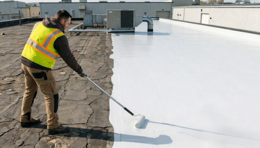 Close-up of a hand applying an EPDM roof repair tape.