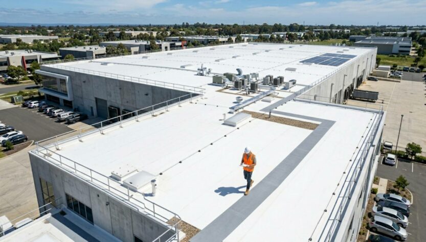 One professional roofing contractors inspecting and repairing a large commercial flat roof on a sunny day.