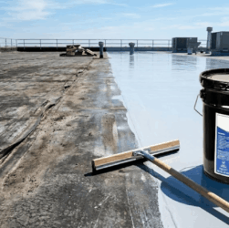Before and after comparison showing old, weathered EPDM membrane and the seamless, waterproof finish of Liquid Butyl Rubber coating, with a product bucket and squeegee.