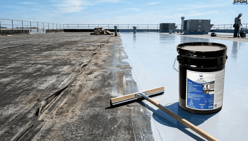 Before and after comparison showing old, weathered EPDM membrane and the seamless, waterproof finish of Liquid Butyl Rubber coating, with a product bucket and squeegee.