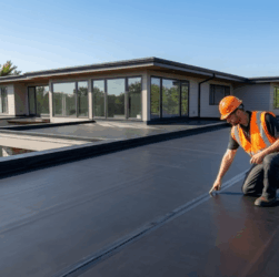 A wide view of a perfectly maintained black EPDM rubber flat roof on a residential building under a clear sky.