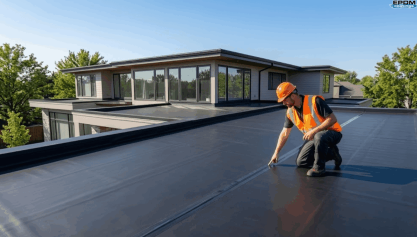 A wide view of a perfectly maintained black EPDM rubber flat roof on a residential building under a clear sky.