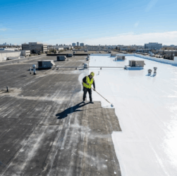 Professional roofer applying bright white silicone roof coating to a weathered EPDM rubber membrane.
