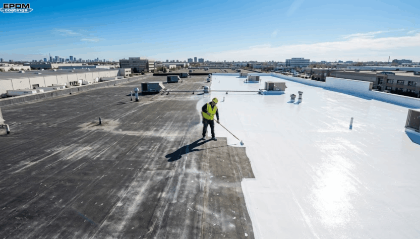 Professional roofer applying bright white silicone roof coating to a weathered EPDM rubber membrane.